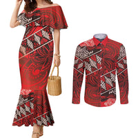 Vintage Ngatu Tribal Tonga Pattern Couples Matching Mermaid Dress and Long Sleeve Button Shirt - Polynesian Pride