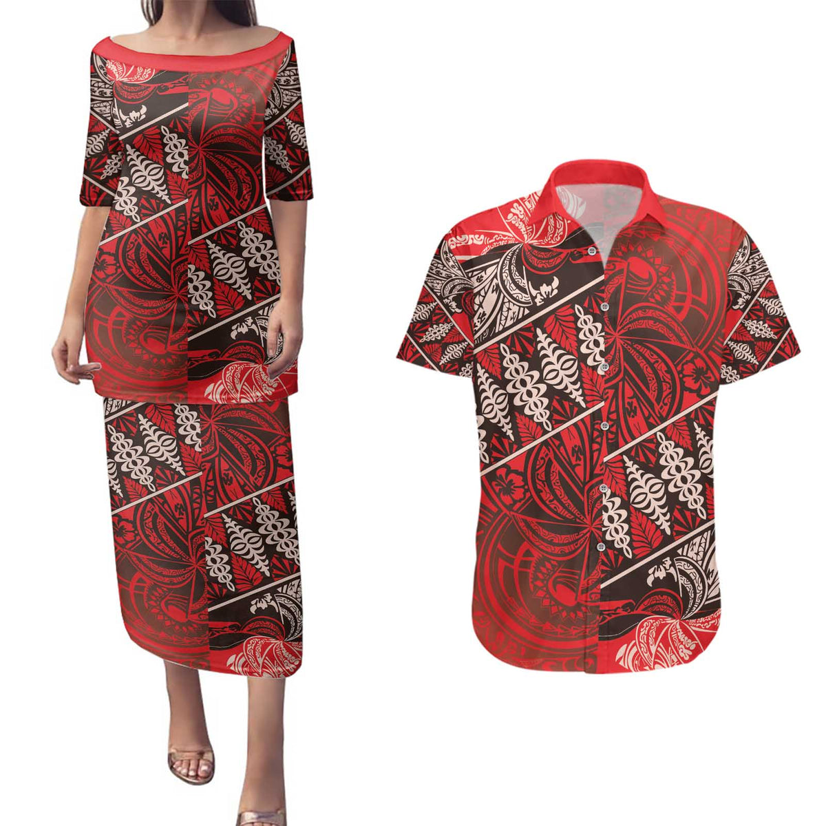 Vintage Ngatu Tribal Tonga Pattern Couples Matching Puletasi and Hawaiian Shirt - Polynesian Pride