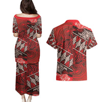 Vintage Ngatu Tribal Tonga Pattern Couples Matching Puletasi and Hawaiian Shirt - Polynesian Pride