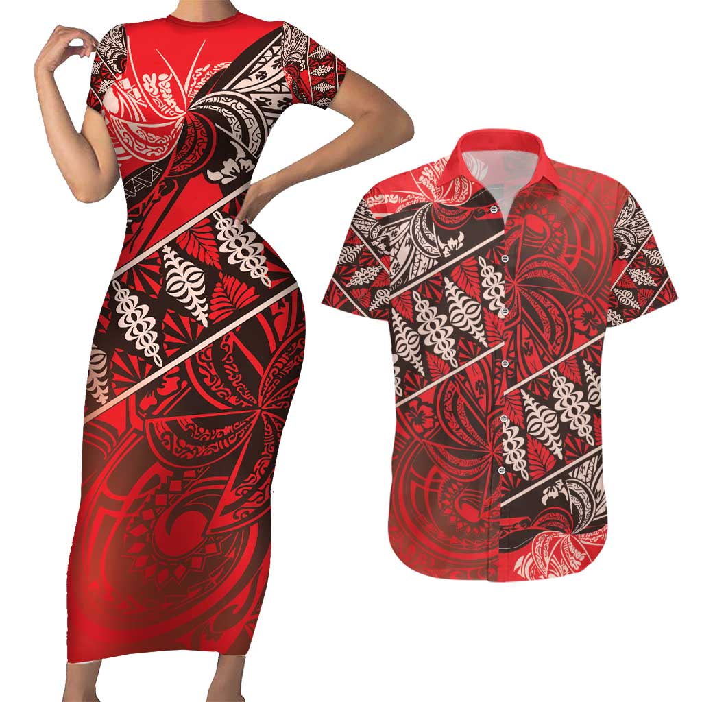 Vintage Ngatu Tribal Tonga Pattern Couples Matching Short Sleeve Bodycon Dress and Hawaiian Shirt - Polynesian Pride
