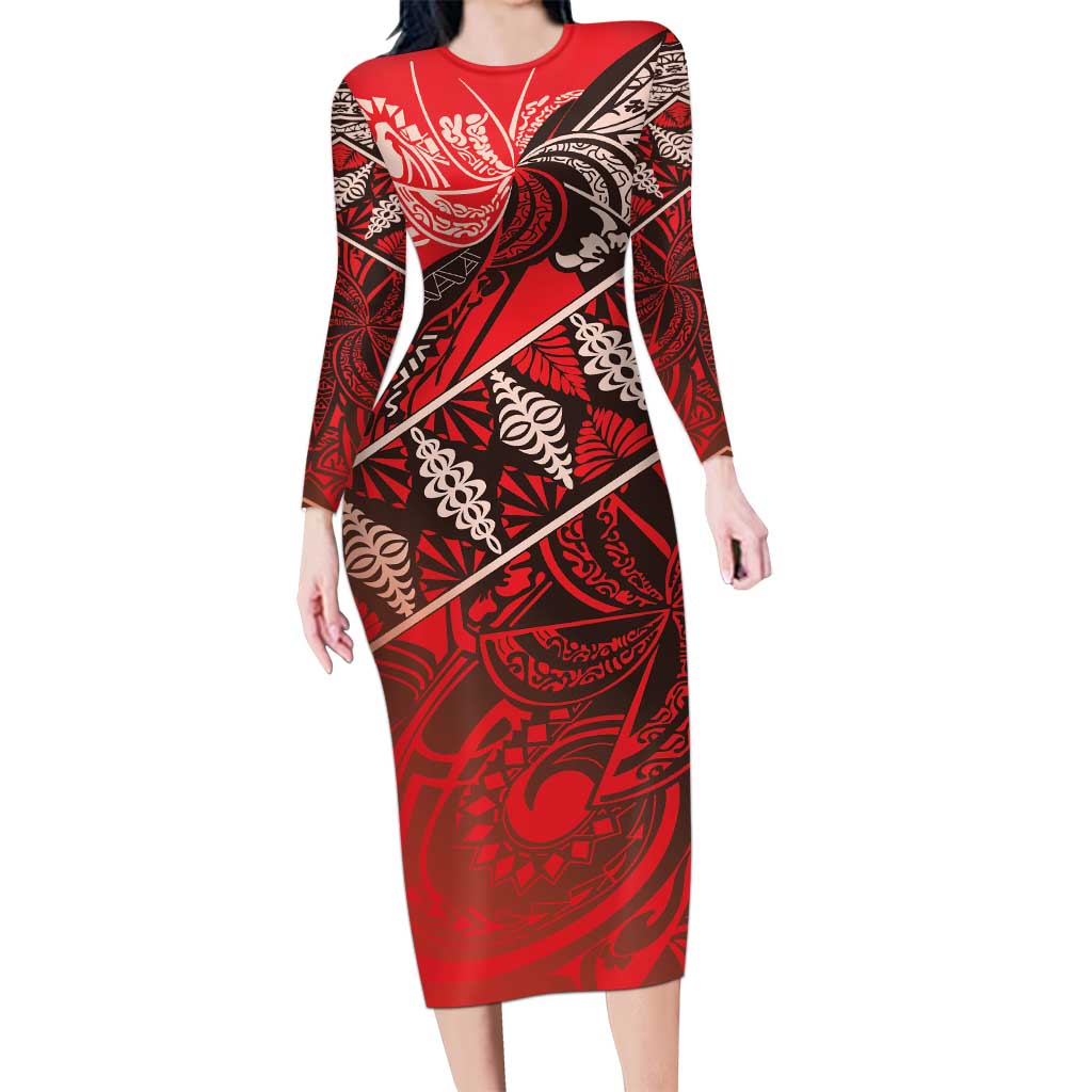 Vintage Ngatu Tribal Tonga Pattern Family Matching Long Sleeve Bodycon Dress and Hawaiian Shirt - Polynesian Pride