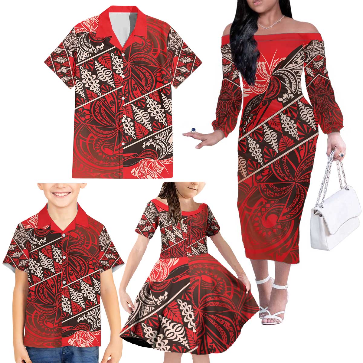 Vintage Ngatu Tribal Tonga Pattern Family Matching Off The Shoulder Long Sleeve Dress and Hawaiian Shirt - Polynesian Pride