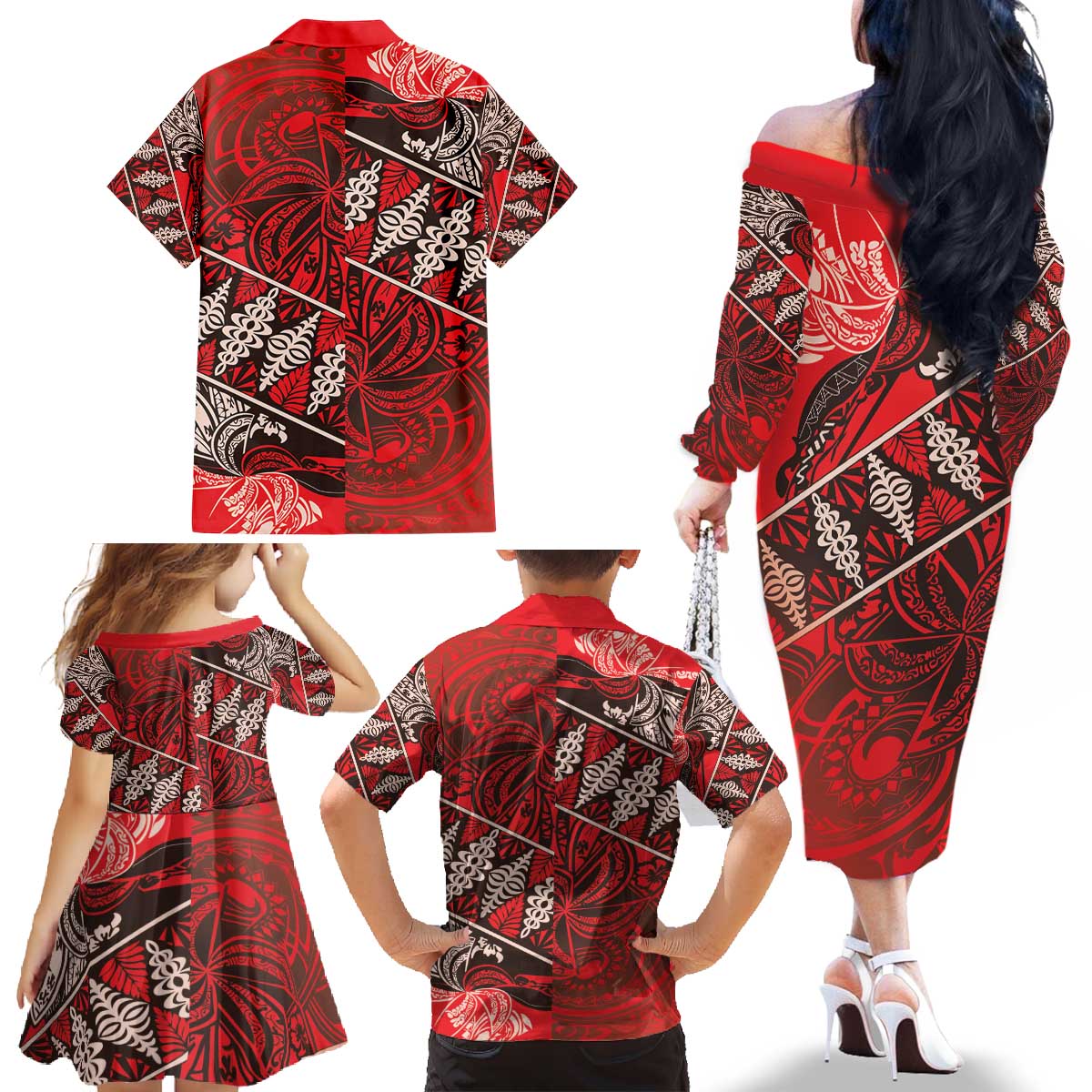 Vintage Ngatu Tribal Tonga Pattern Family Matching Off The Shoulder Long Sleeve Dress and Hawaiian Shirt - Polynesian Pride