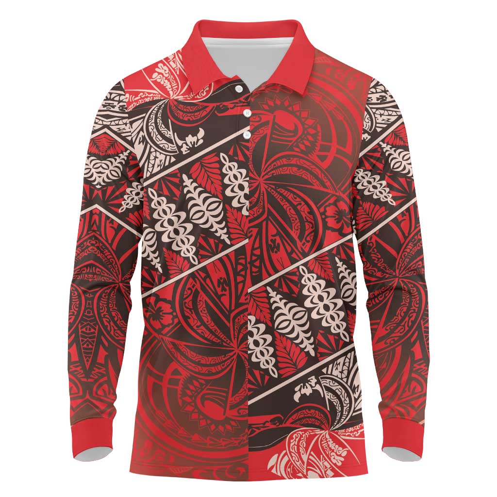Vintage Ngatu Tribal Tonga Pattern Long Sleeve Polo Shirt - Polynesian Pride