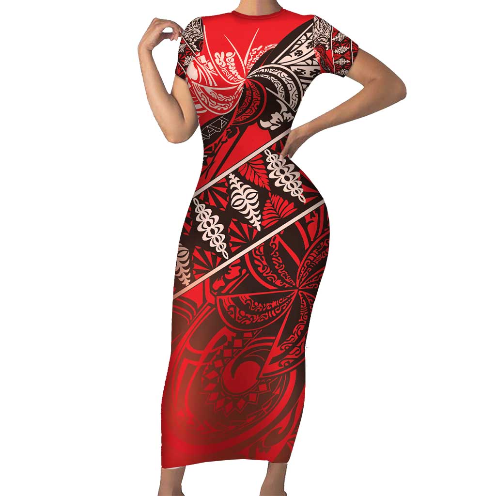 Vintage Ngatu Tribal Tonga Pattern Short Sleeve Bodycon Dress - Polynesian Pride