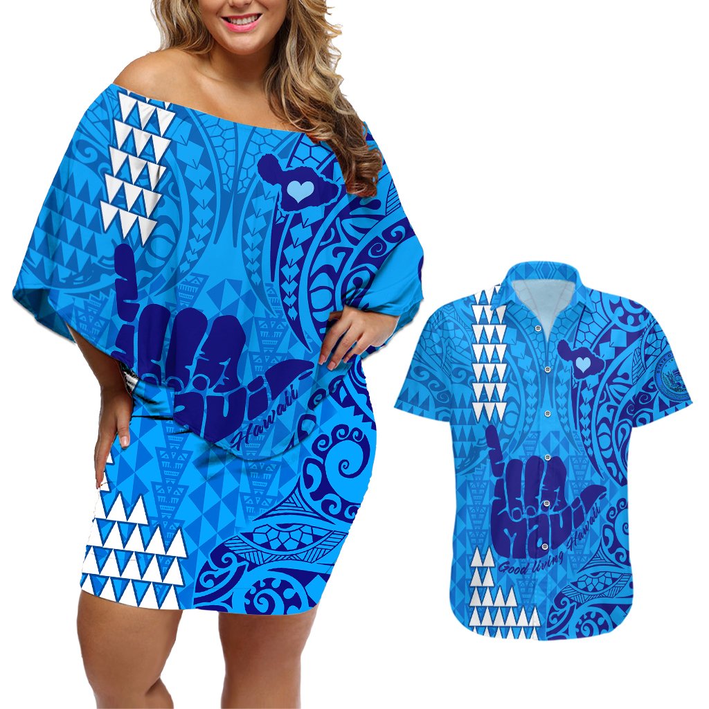 Strong Maui Couples Matching Off Shoulder Short Dress and Hawaiian Shirt Good Living Hawaii with Shaka Sign Kakau Tribal Blue LT9 Blue - Polynesian Pride