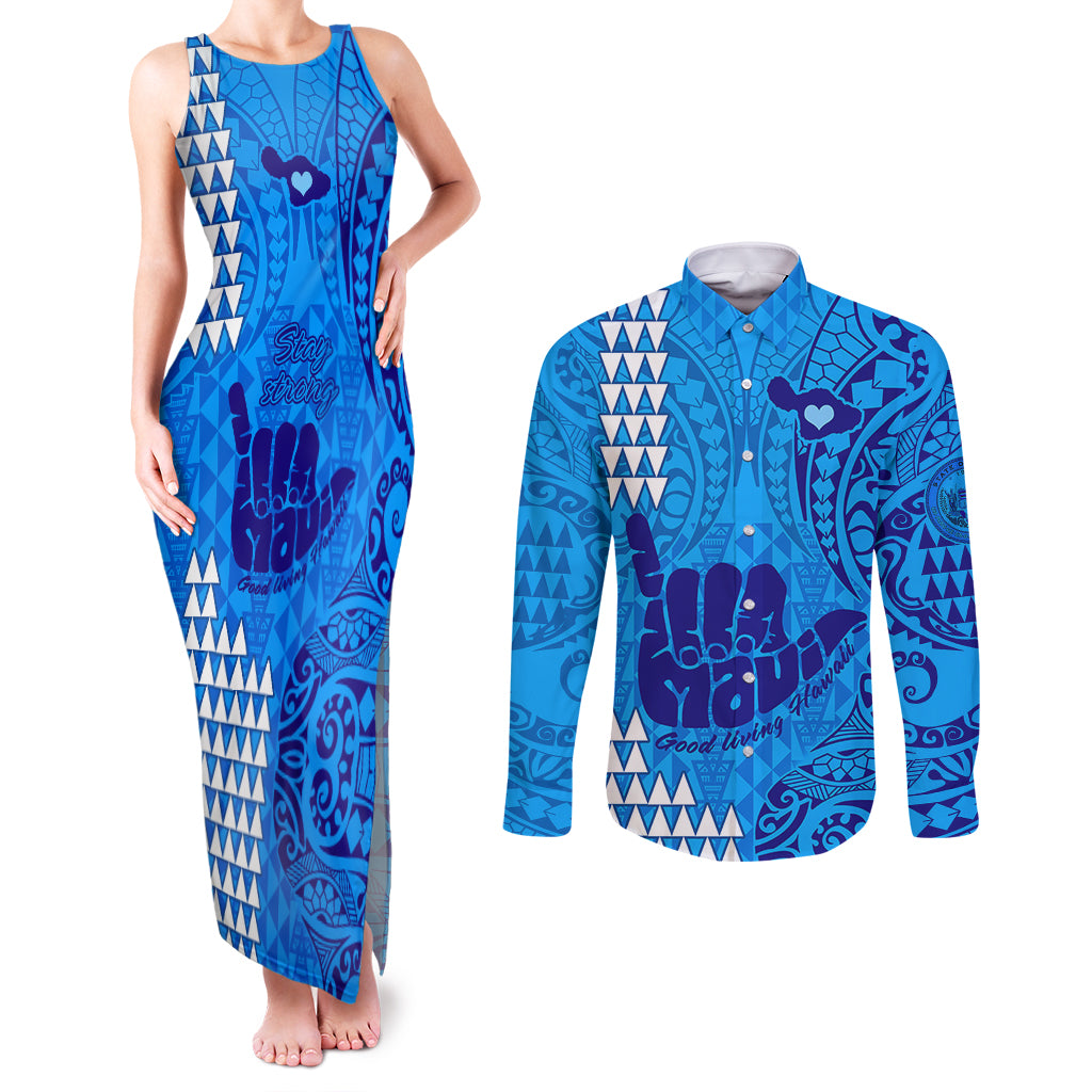 Strong Maui Couples Matching Tank Maxi Dress and Long Sleeve Button Shirts Good Living Hawaii with Shaka Sign Kakau Tribal Blue LT9 Blue - Polynesian Pride