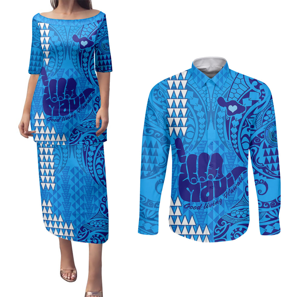 Personalised Strong Maui Couples Matching Puletasi Dress and Long Sleeve Button Shirts Good Living Hawaii with Shaka Sign Kakau Tribal Blue LT9 Blue - Polynesian Pride