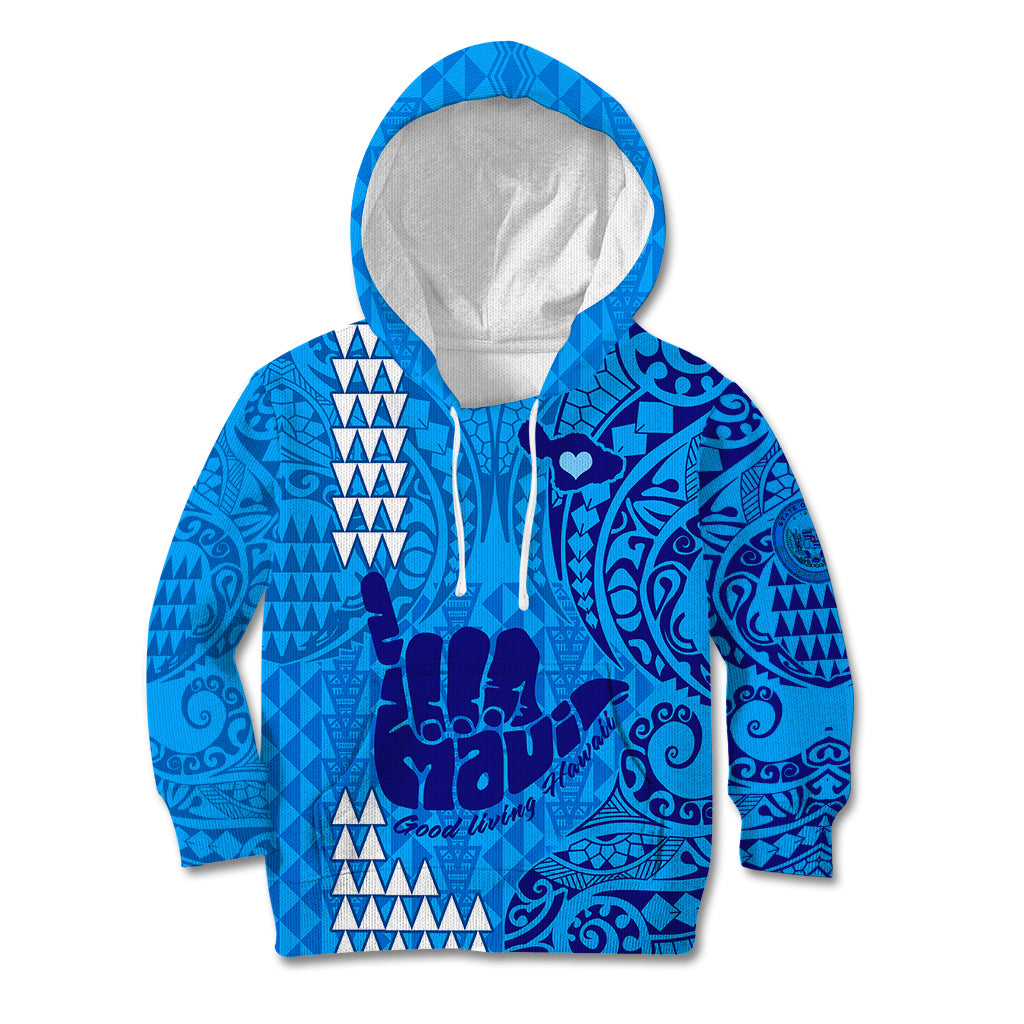 Personalised Strong Maui Kid Hoodie Good Living Hawaii with Shaka Sign Kakau Tribal Blue LT9 Hoodie Blue - Polynesian Pride