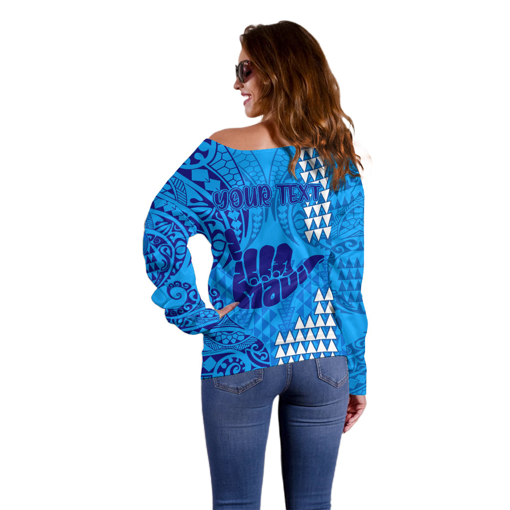 Personalised Strong Maui Off Shoulder Sweater Good Living Hawaii with Shaka Sign Kakau Tribal Blue LT9 - Polynesian Pride