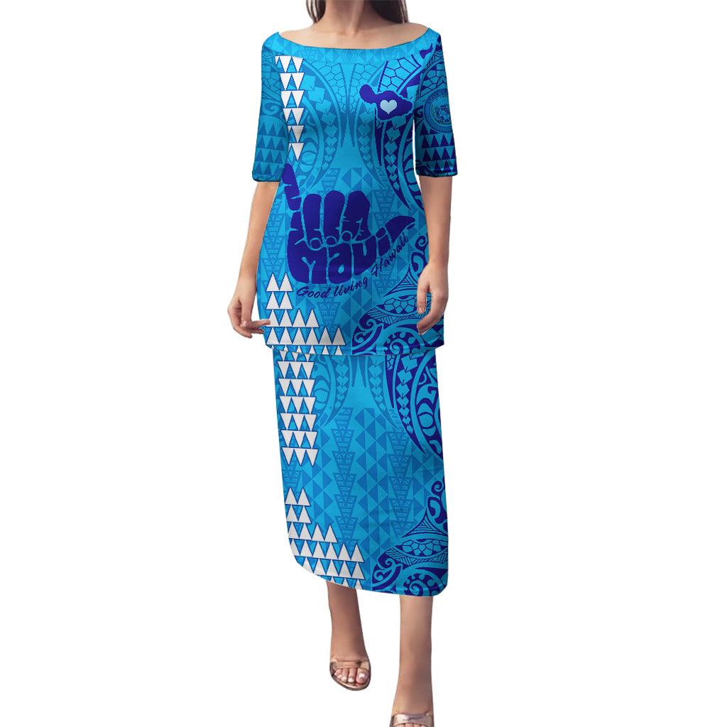 Personalised Strong Maui Puletasi Good Living Hawaii with Shaka Sign Kakau Tribal Blue LT9 Long Dress Blue - Polynesian Pride