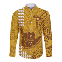 Strong Maui Long Sleeve Button Shirt Good Living Hawaii with Shaka Sign Kakau Tribal Gold LT9 Unisex Gold - Polynesian Pride