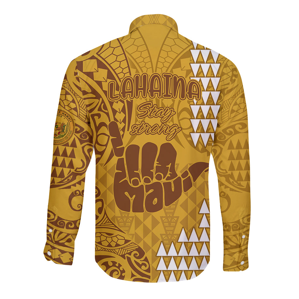 Strong Maui Long Sleeve Button Shirt Good Living Hawaii with Shaka Sign Kakau Tribal Gold LT9 - Polynesian Pride