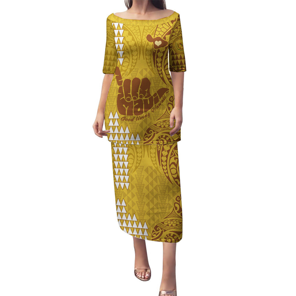 Strong Maui Puletasi Good Living Hawaii with Shaka Sign Kakau Tribal Gold LT9 Long Dress Gold - Polynesian Pride
