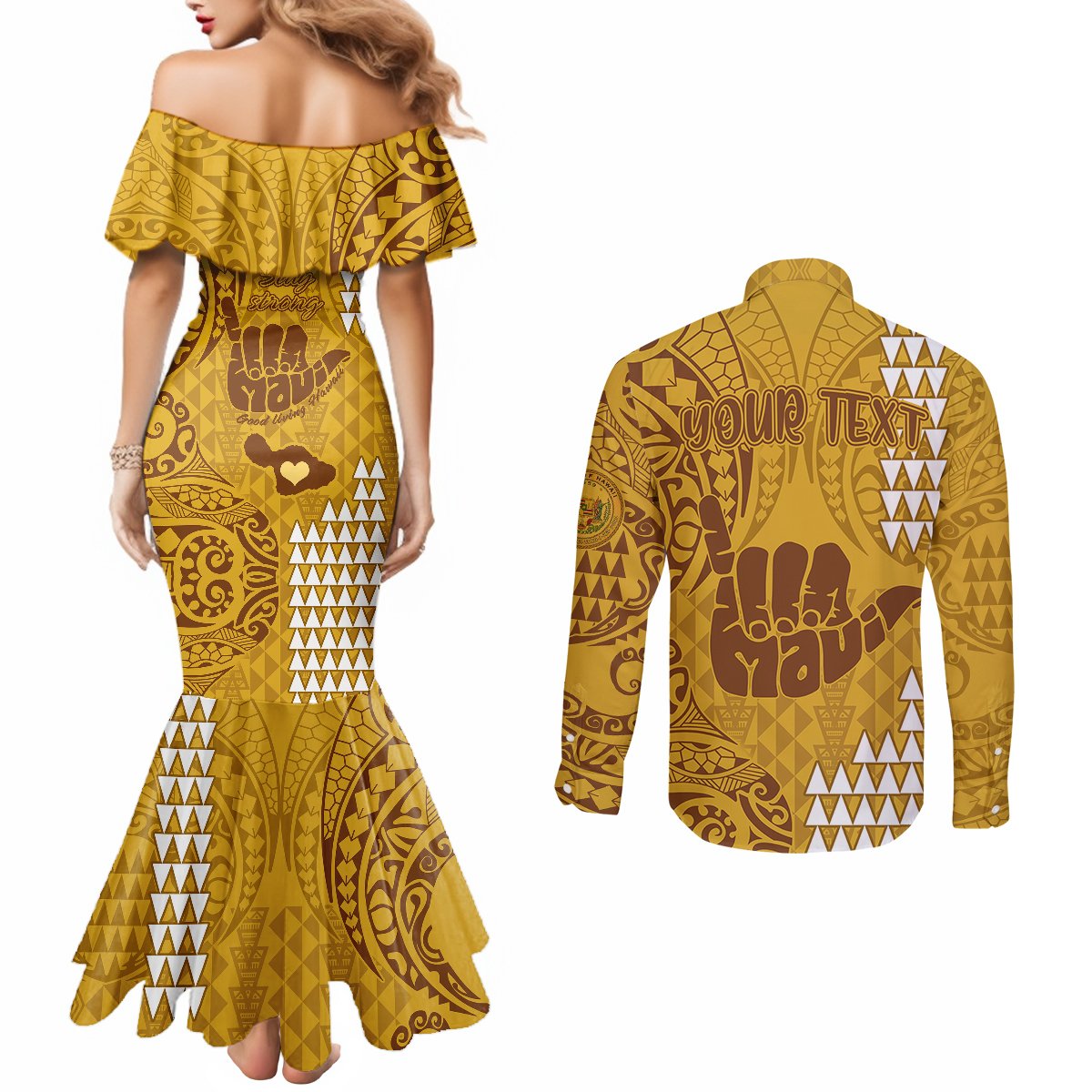 Personalised Strong Maui Couples Matching Mermaid Dress and Long Sleeve Button Shirts Good Living Hawaii with Shaka Sign Kakau Tribal Gold LT9 - Polynesian Pride
