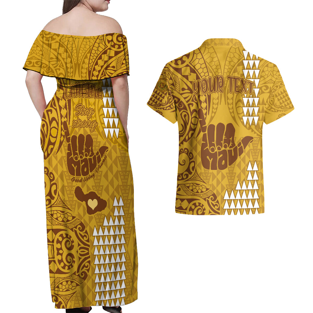 Personalised Strong Maui Couples Matching Off Shoulder Maxi Dress and Hawaiian Shirt Good Living Hawaii with Shaka Sign Kakau Tribal Gold LT9 - Polynesian Pride