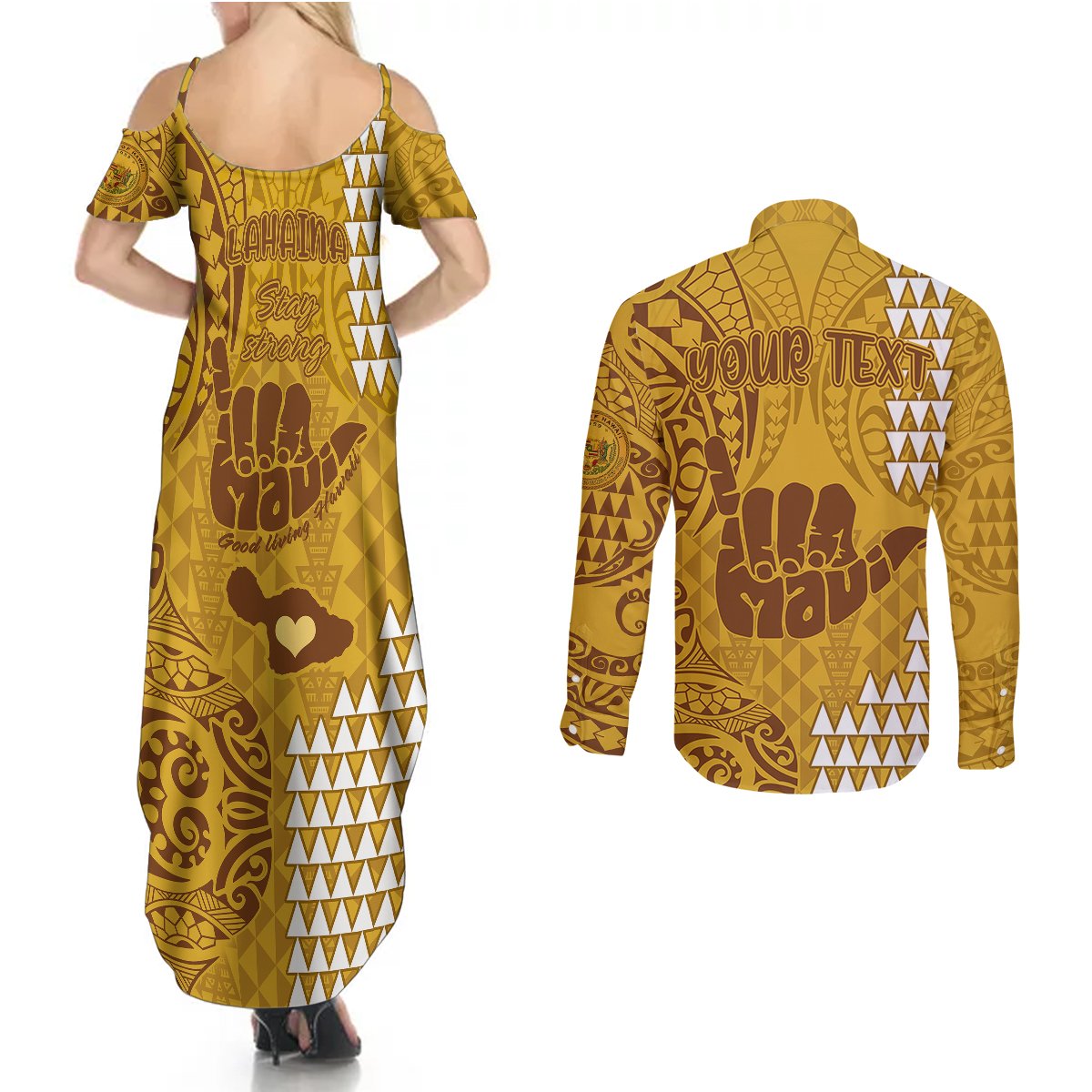 Personalised Strong Maui Couples Matching Summer Maxi Dress and Long Sleeve Button Shirts Good Living Hawaii with Shaka Sign Kakau Tribal Gold LT9 - Polynesian Pride