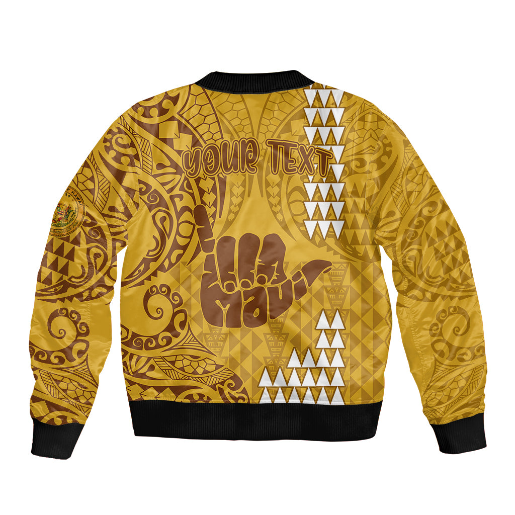Personalised Strong Maui Sleeve Zip Bomber Jacket Good Living Hawaii with Shaka Sign Kakau Tribal Gold LT9 - Polynesian Pride