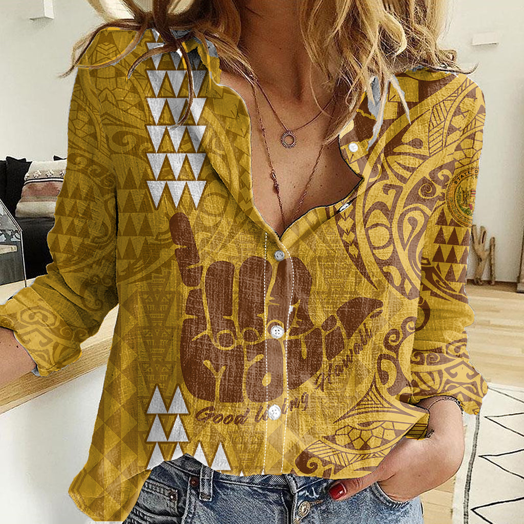 Personalised Strong Maui Women Casual Shirt Good Living Hawaii with Shaka Sign Kakau Tribal Gold LT9 Female Gold - Polynesian Pride