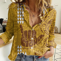 Personalised Strong Maui Women Casual Shirt Good Living Hawaii with Shaka Sign Kakau Tribal Gold LT9 Female Gold - Polynesian Pride