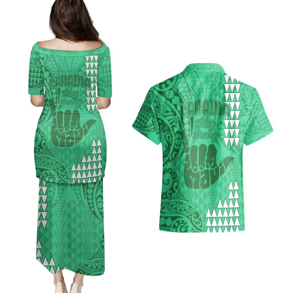 Strong Maui Couples Matching Puletasi Dress and Hawaiian Shirt Good Living Hawaii with Shaka Sign Kakau Tribal Green LT9 - Polynesian Pride