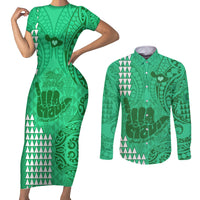 Strong Maui Couples Matching Short Sleeve Bodycon Dress and Long Sleeve Button Shirts Good Living Hawaii with Shaka Sign Kakau Tribal Green LT9 Green - Polynesian Pride