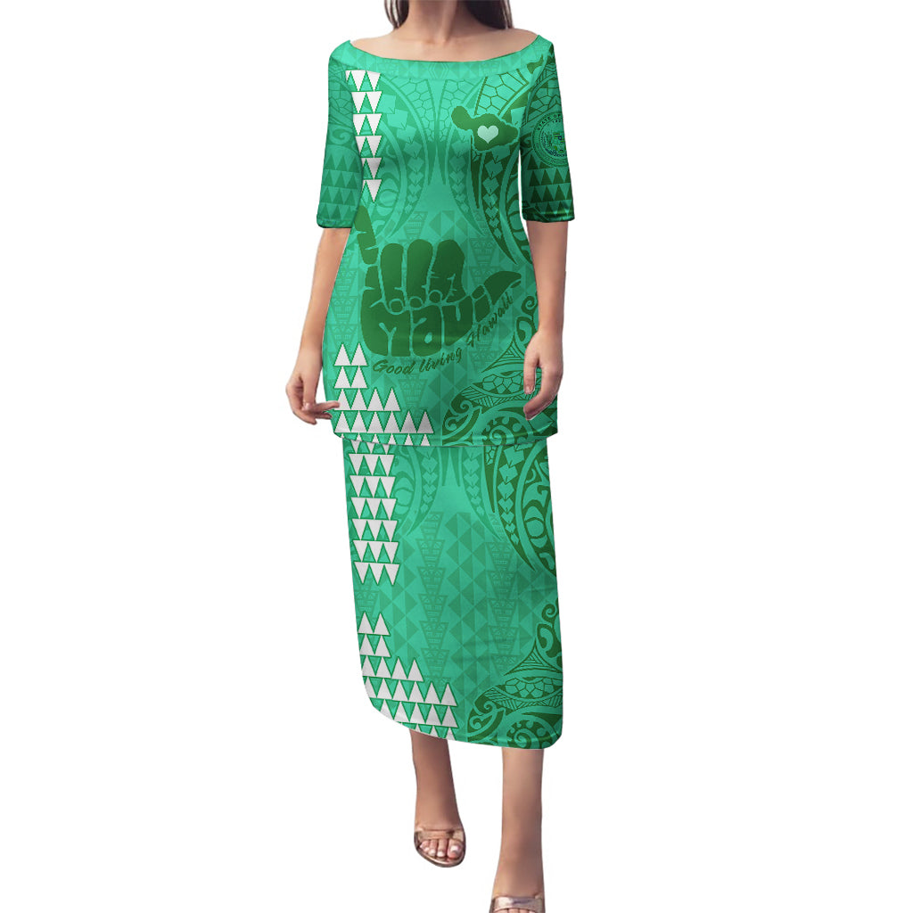 Strong Maui Puletasi Good Living Hawaii with Shaka Sign Kakau Tribal Green LT9 Long Dress Green - Polynesian Pride
