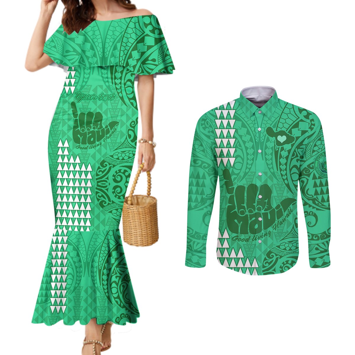 Personalised Strong Maui Couples Matching Mermaid Dress and Long Sleeve Button Shirts Good Living Hawaii with Shaka Sign Kakau Tribal Green LT9 Green - Polynesian Pride