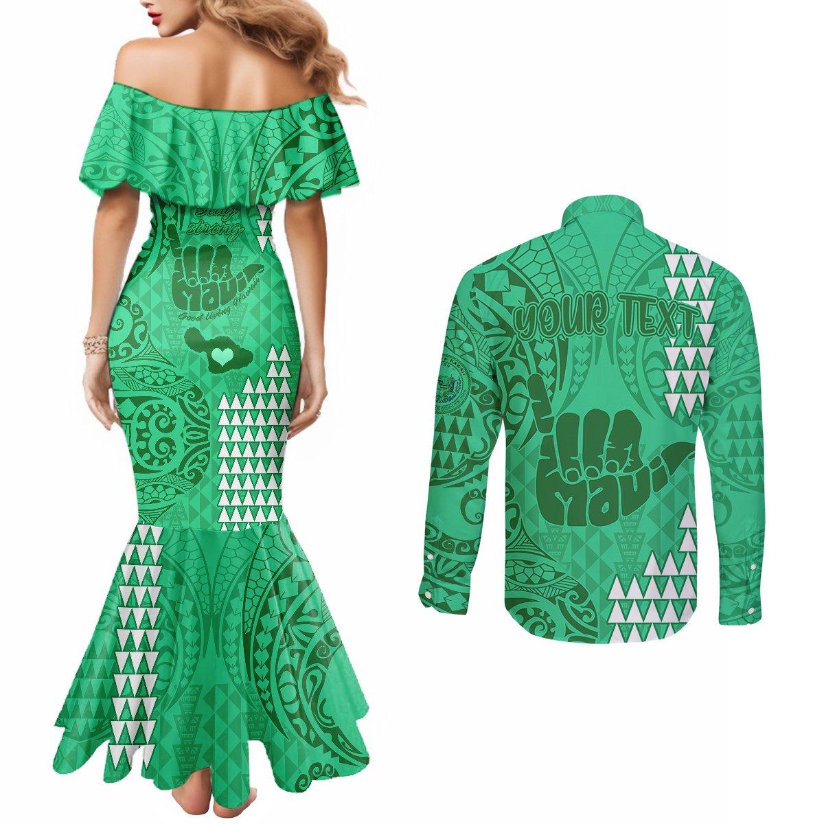 Personalised Strong Maui Couples Matching Mermaid Dress and Long Sleeve Button Shirts Good Living Hawaii with Shaka Sign Kakau Tribal Green LT9 - Polynesian Pride