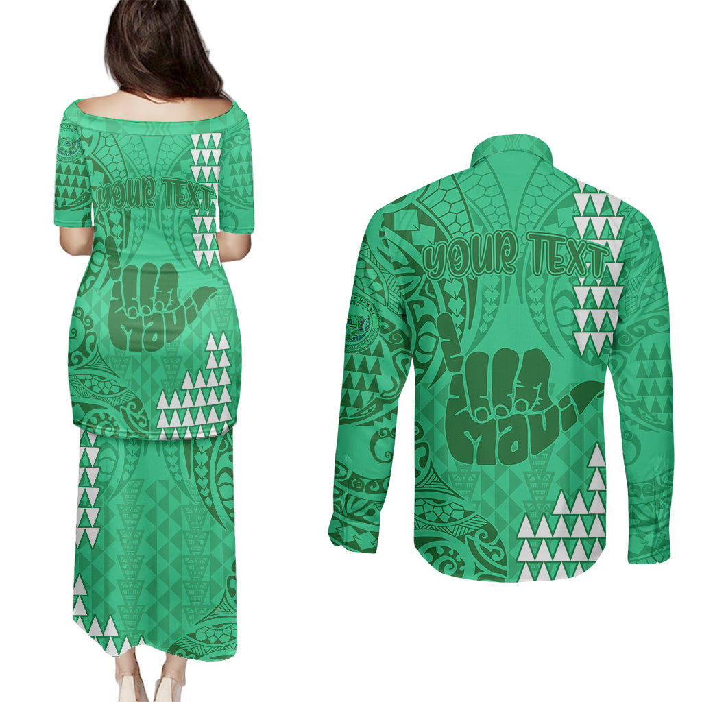 Personalised Strong Maui Couples Matching Puletasi Dress and Long Sleeve Button Shirts Good Living Hawaii with Shaka Sign Kakau Tribal Green LT9 - Polynesian Pride