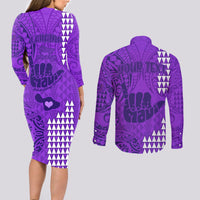 Personalised Strong Maui Couples Matching Long Sleeve Bodycon Dress and Long Sleeve Button Shirts Good Living Hawaii with Shaka Sign Kakau Tribal Purple LT9 - Polynesian Pride