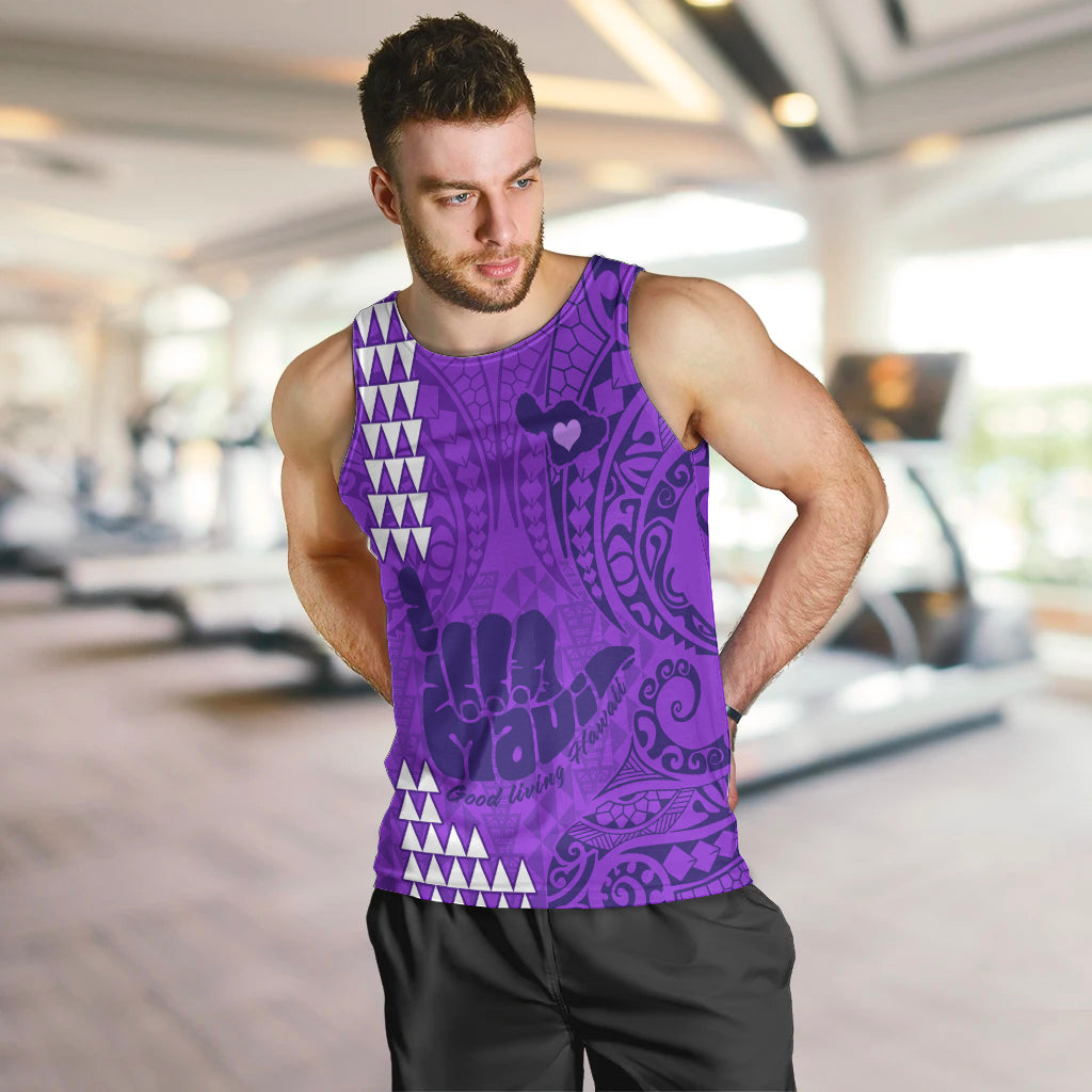 Personalised Strong Maui Men Tank Top Good Living Hawaii with Shaka Sign Kakau Tribal Purple LT9 - Polynesian Pride