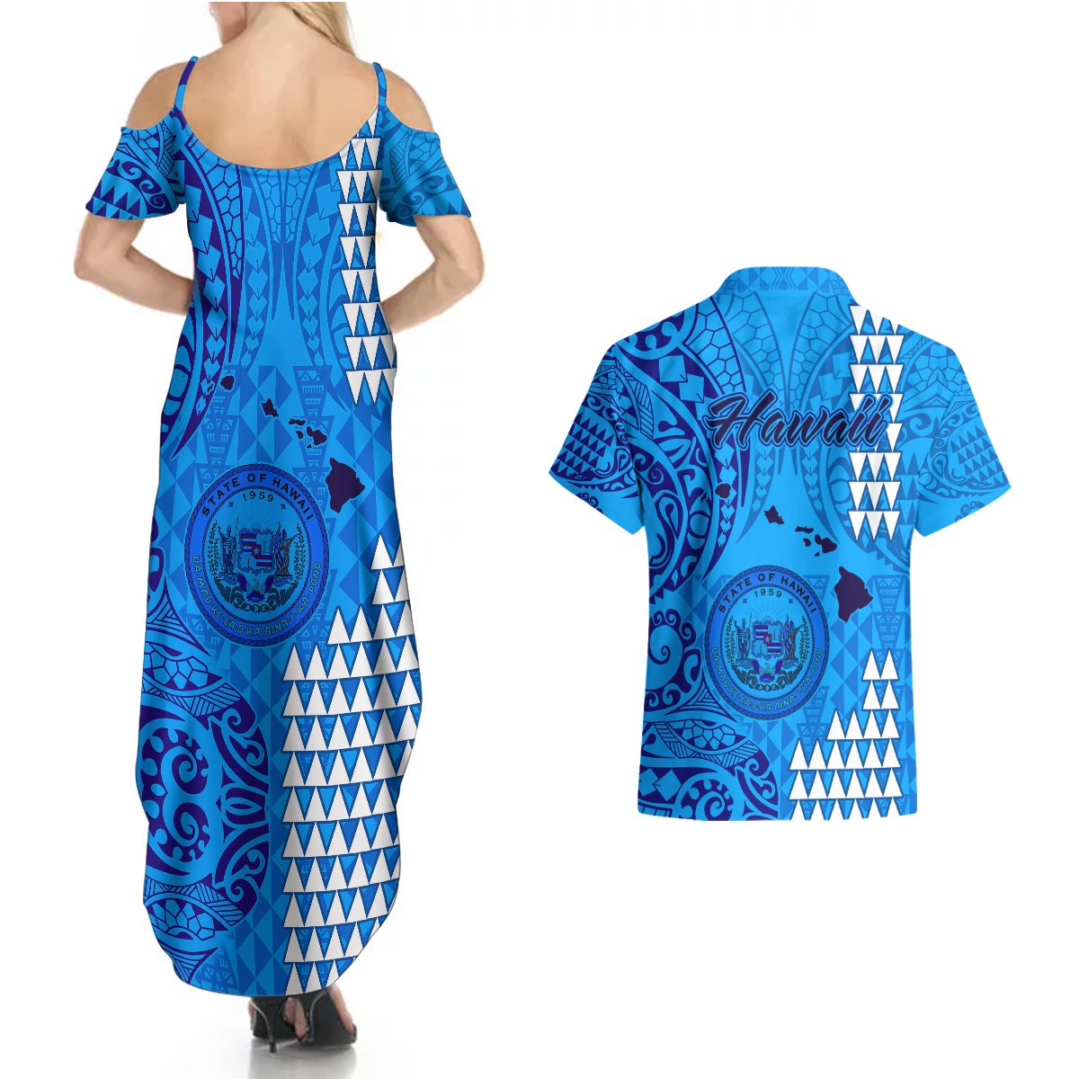 Maui Island Couples Matching Summer Maxi Dress and Hawaiian Shirt Kakau Tribal Mixed Polynesian Pattern Blue LT9 - Polynesian Pride