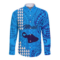 Maui Island Long Sleeve Button Shirt Kakau Tribal Mixed Polynesian Pattern Blue LT9 Unisex Blue - Polynesian Pride