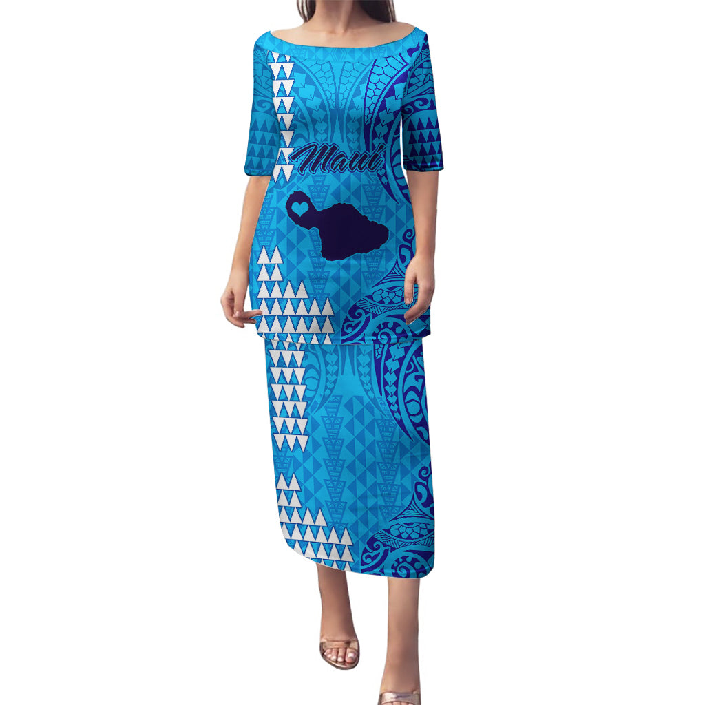 Maui Island Puletasi Kakau Tribal Mixed Polynesian Pattern Blue LT9 Long Dress Blue - Polynesian Pride