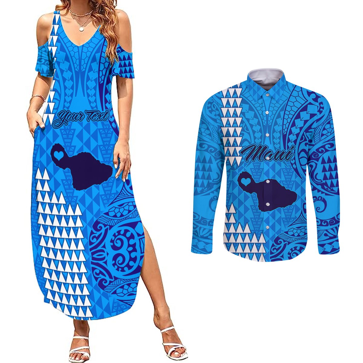 Personalised Maui Island Couples Matching Summer Maxi Dress and Long Sleeve Button Shirts Kakau Tribal Mixed Polynesian Pattern Blue LT9 Blue - Polynesian Pride