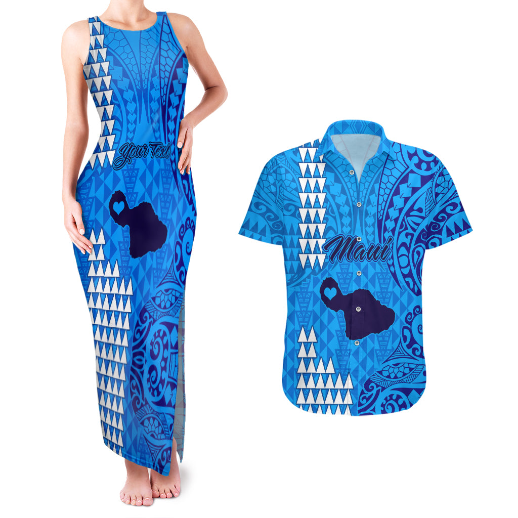 Personalised Maui Island Couples Matching Tank Maxi Dress and Hawaiian Shirt Kakau Tribal Mixed Polynesian Pattern Blue LT9 Blue - Polynesian Pride