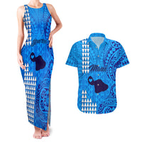Personalised Maui Island Couples Matching Tank Maxi Dress and Hawaiian Shirt Kakau Tribal Mixed Polynesian Pattern Blue LT9 Blue - Polynesian Pride