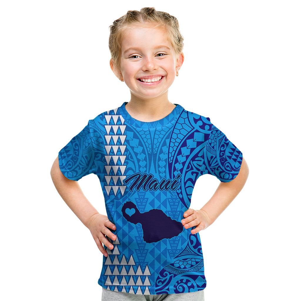 Personalised Maui Island Kid T Shirt Kakau Tribal Mixed Polynesian Pattern Blue LT9 Blue - Polynesian Pride