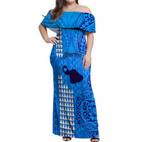 Personalised Maui Island Off Shoulder Maxi Dress Kakau Tribal Mixed Polynesian Pattern Blue LT9 Women Blue - Polynesian Pride
