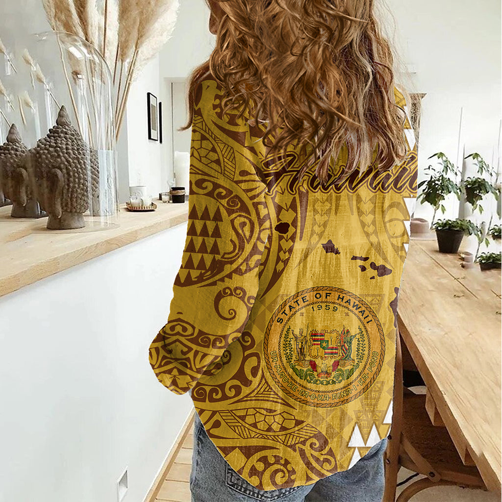 Maui Island Women Casual Shirt Kakau Tribal Mixed Polynesian Pattern Gold LT9 - Polynesian Pride