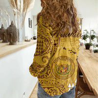 Maui Island Women Casual Shirt Kakau Tribal Mixed Polynesian Pattern Gold LT9 - Polynesian Pride