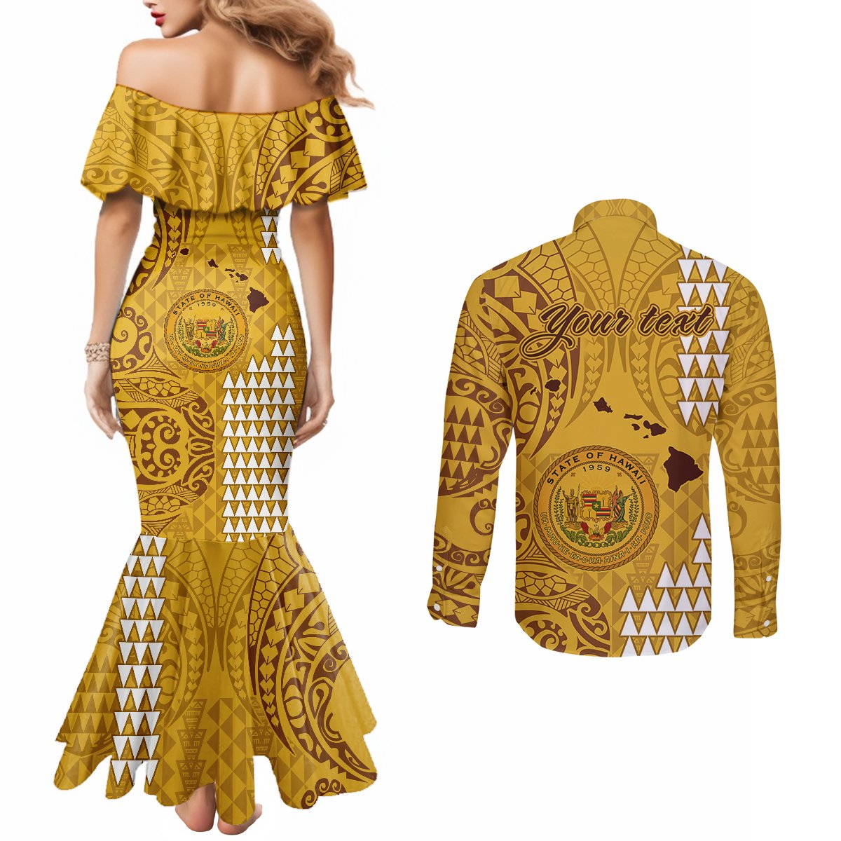 Personalised Maui Island Couples Matching Mermaid Dress and Long Sleeve Button Shirts Kakau Tribal Mixed Polynesian Pattern Gold LT9 - Polynesian Pride
