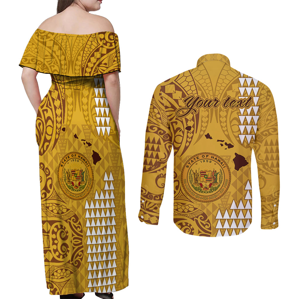 Personalised Maui Island Couples Matching Off Shoulder Maxi Dress and Long Sleeve Button Shirts Kakau Tribal Mixed Polynesian Pattern Gold LT9 - Polynesian Pride