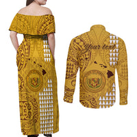 Personalised Maui Island Couples Matching Off Shoulder Maxi Dress and Long Sleeve Button Shirts Kakau Tribal Mixed Polynesian Pattern Gold LT9 - Polynesian Pride