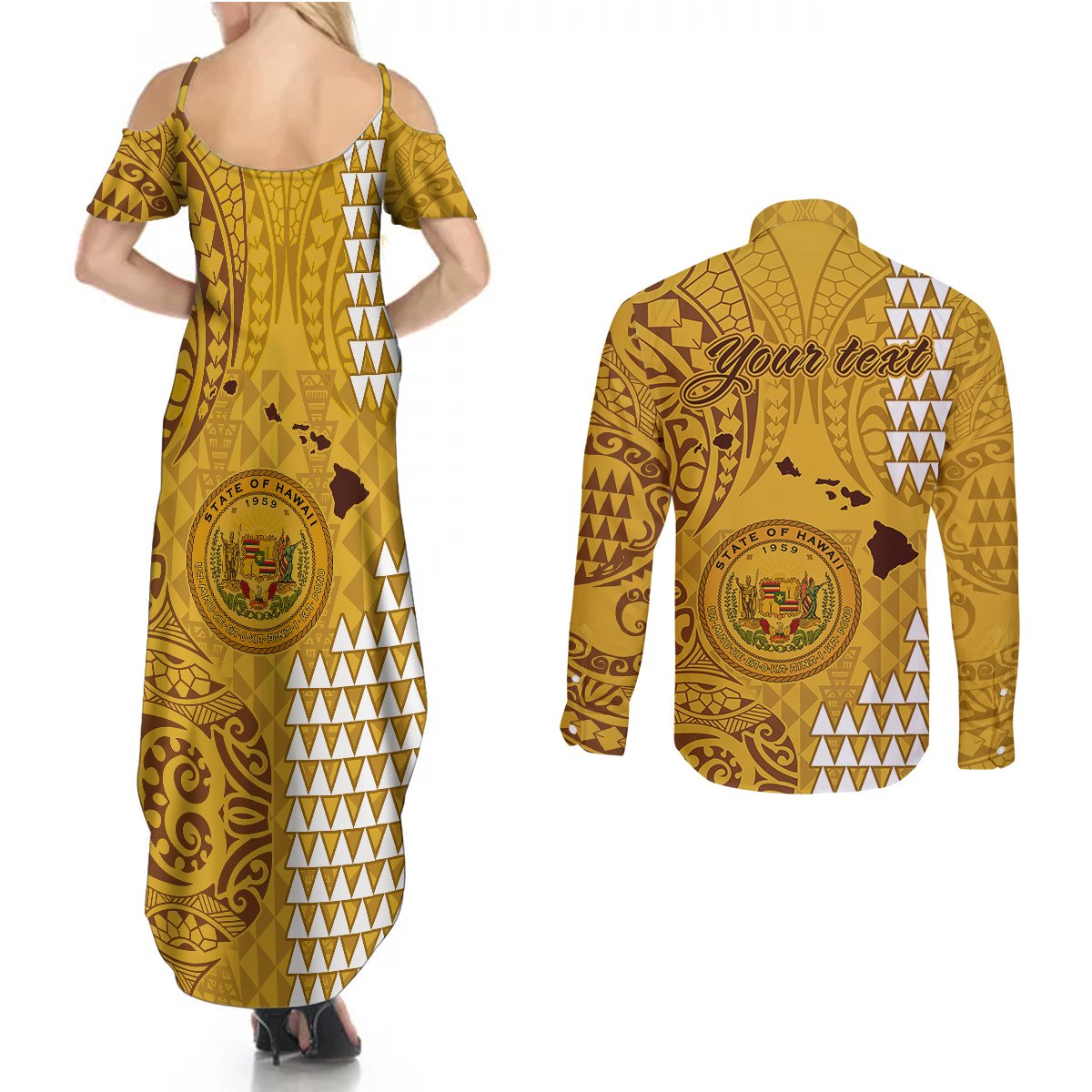 Personalised Maui Island Couples Matching Summer Maxi Dress and Long Sleeve Button Shirts Kakau Tribal Mixed Polynesian Pattern Gold LT9 - Polynesian Pride