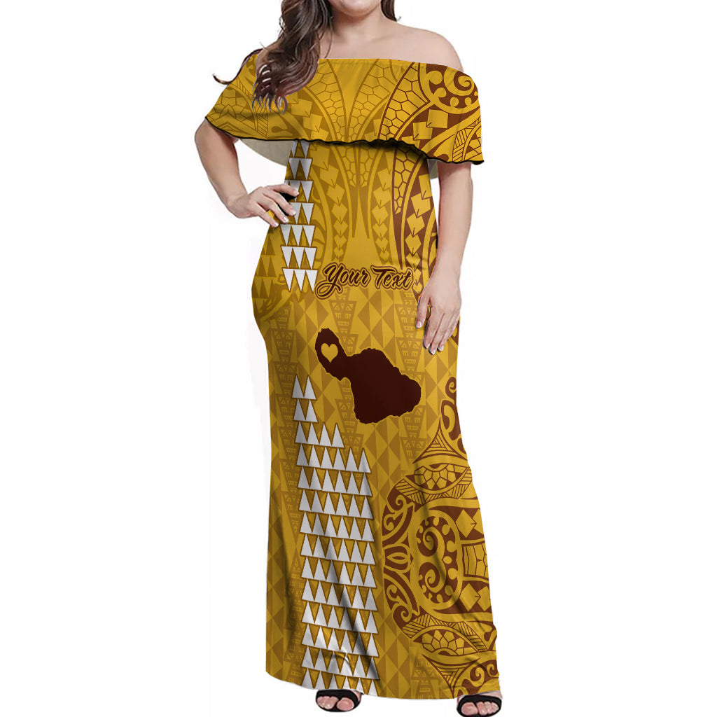 Personalised Maui Island Off Shoulder Maxi Dress Kakau Tribal Mixed Polynesian Pattern Gold LT9 Women Gold - Polynesian Pride