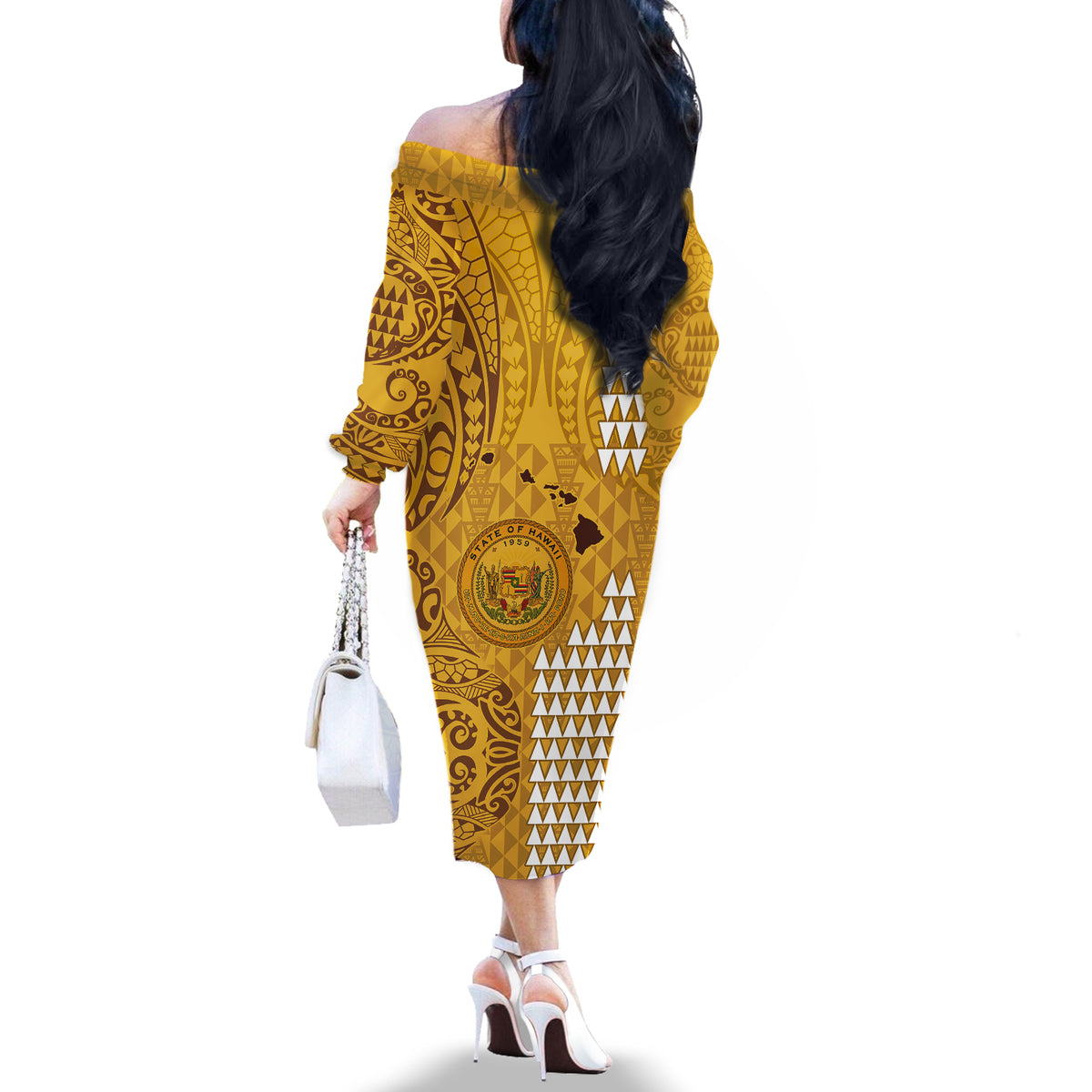 Personalised Maui Island Off The Shoulder Long Sleeve Dress Kakau Tribal Mixed Polynesian Pattern Gold LT9 - Polynesian Pride