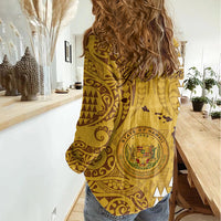 Personalised Maui Island Women Casual Shirt Kakau Tribal Mixed Polynesian Pattern Gold LT9 - Polynesian Pride