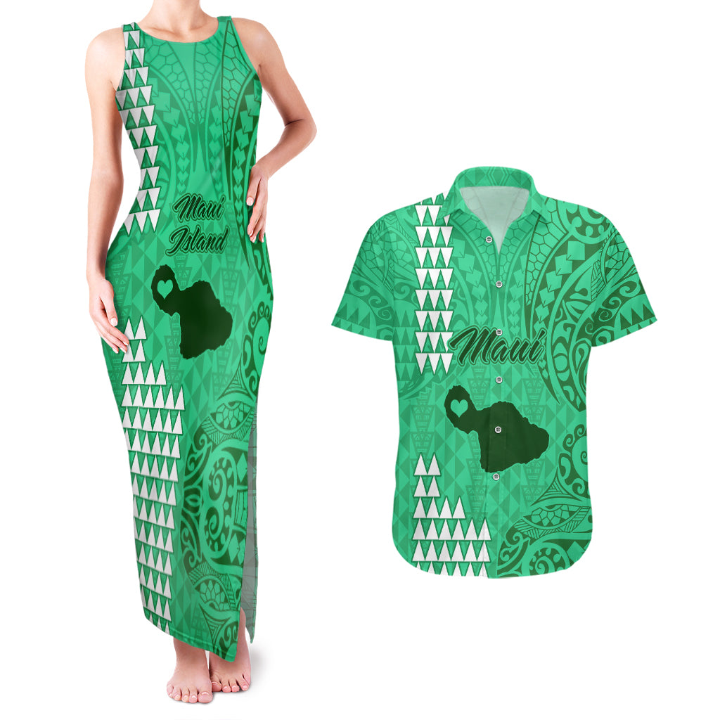 Maui Island Couples Matching Tank Maxi Dress and Hawaiian Shirt Kakau Tribal Mixed Polynesian Pattern Green LT9 Green - Polynesian Pride